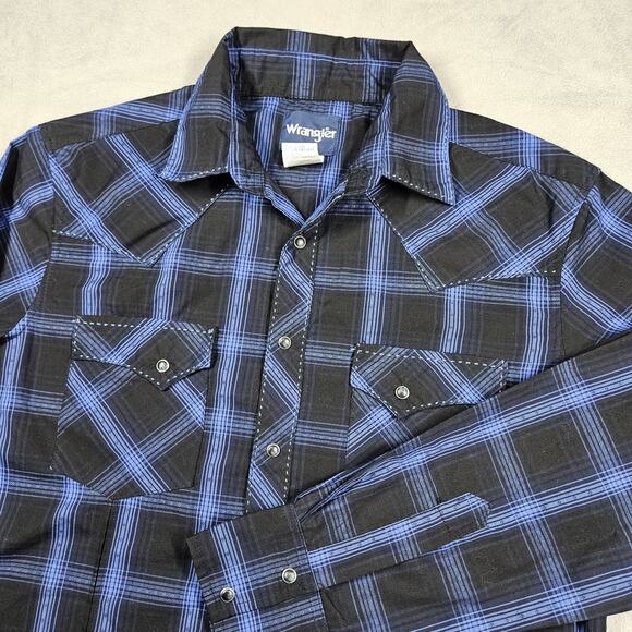 Wrangler Other - Wrangler Pearl Snap Shirt Mens Medium Button Down Black Plaid Cowboy Western